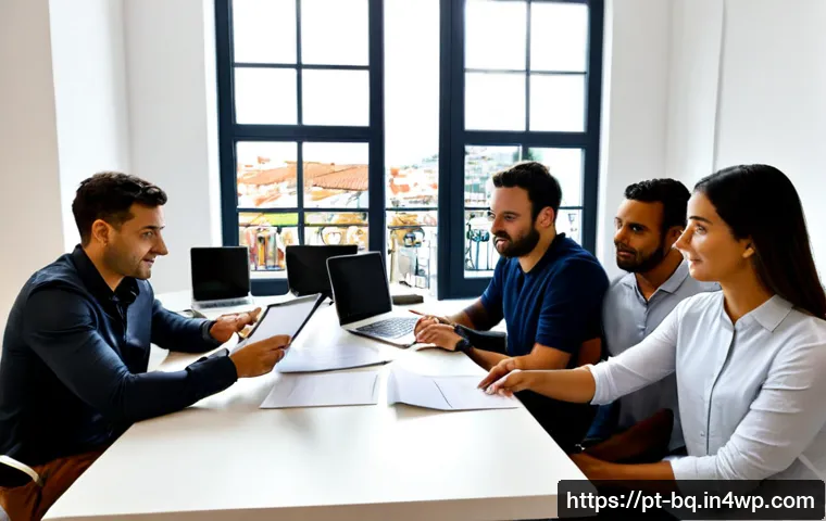 고객 피드백을 통한 제품 개선 피드백 루프 구축 - Photorealistic modern product team in a bright Lisbon-style startup office, diverse Portuguese-speak...
